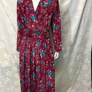 Leslie Fay Red Long Sleeve Wrap Dress with V-Neck and Pleated Skirt